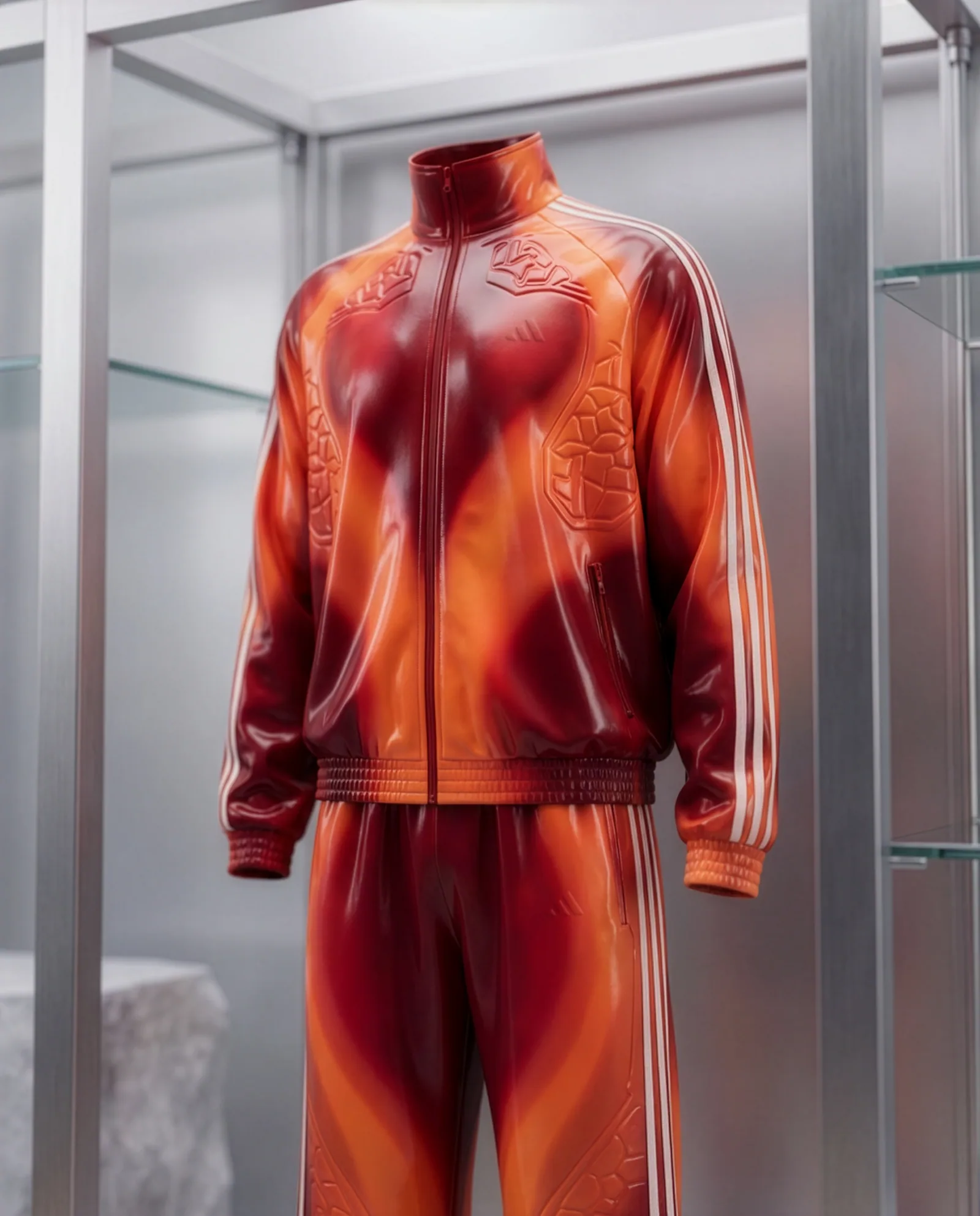 Orange Adidas sportswear tracksuit in a polished technical display environment
