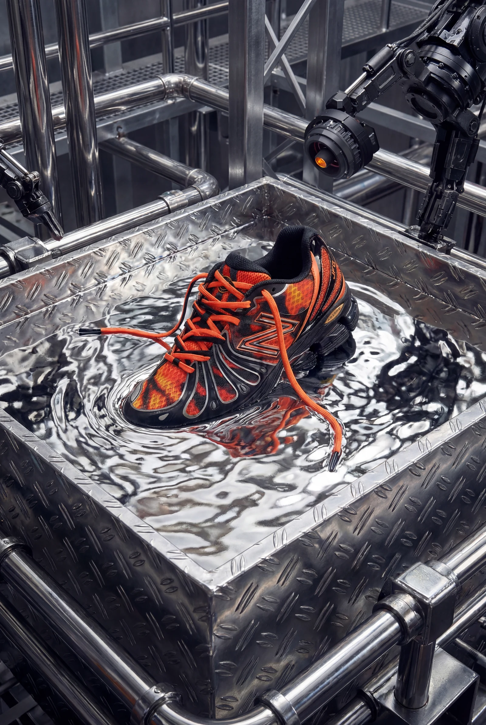 Orange New Balance running shoe in a robotic production environment