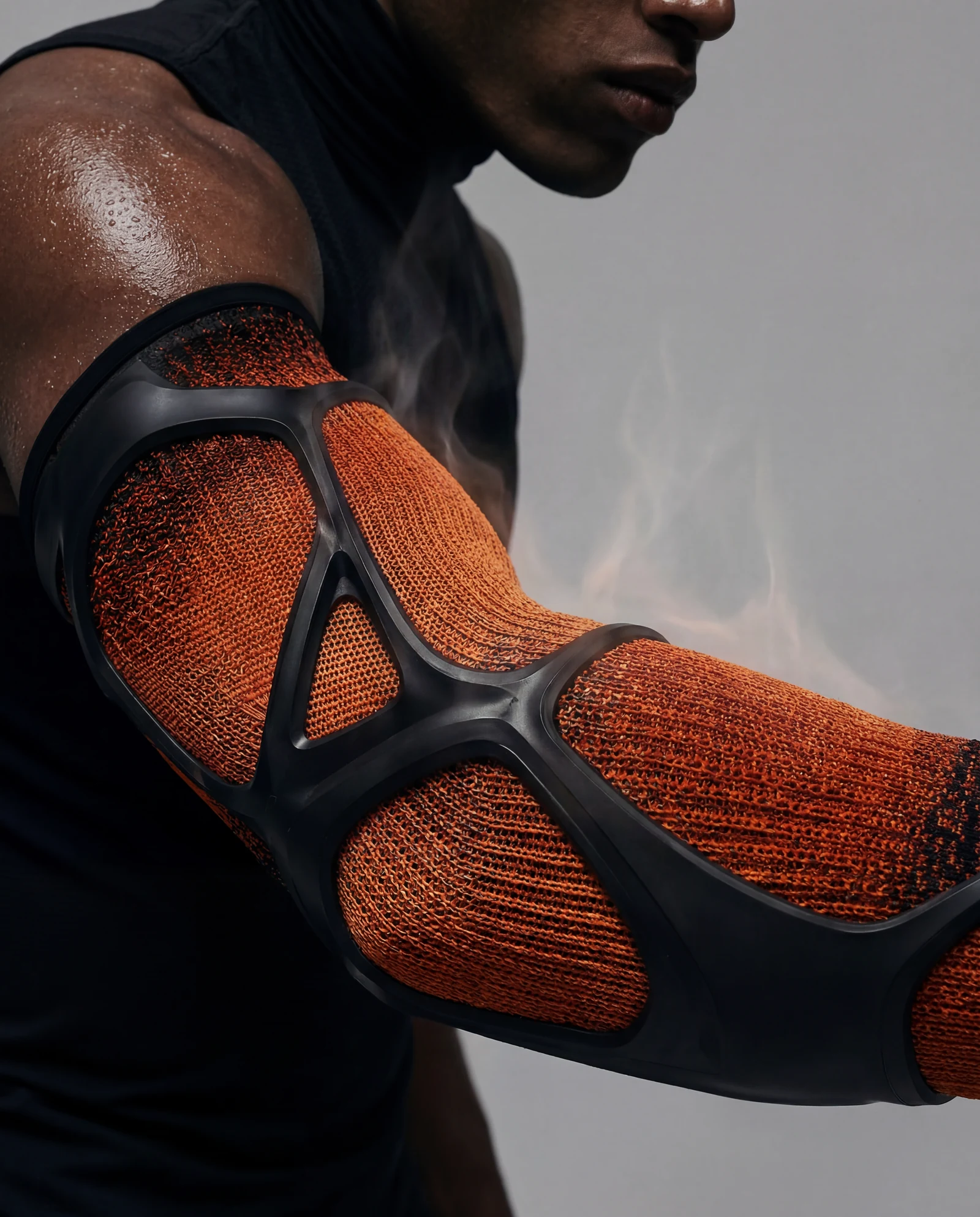 Orange technical arm sleeve with sculptural protective framework
