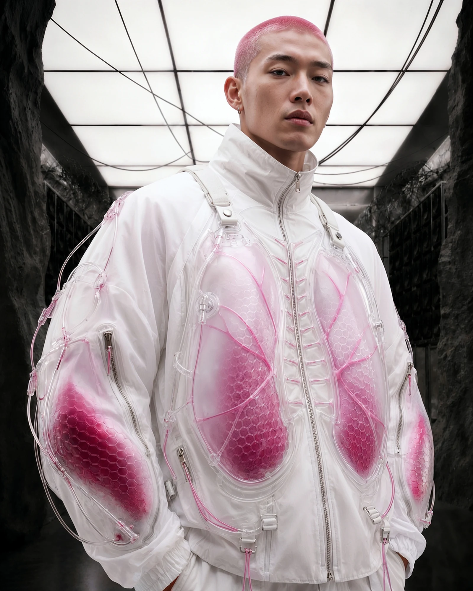Pink translucent technical jacket concept in a dark architectural setting