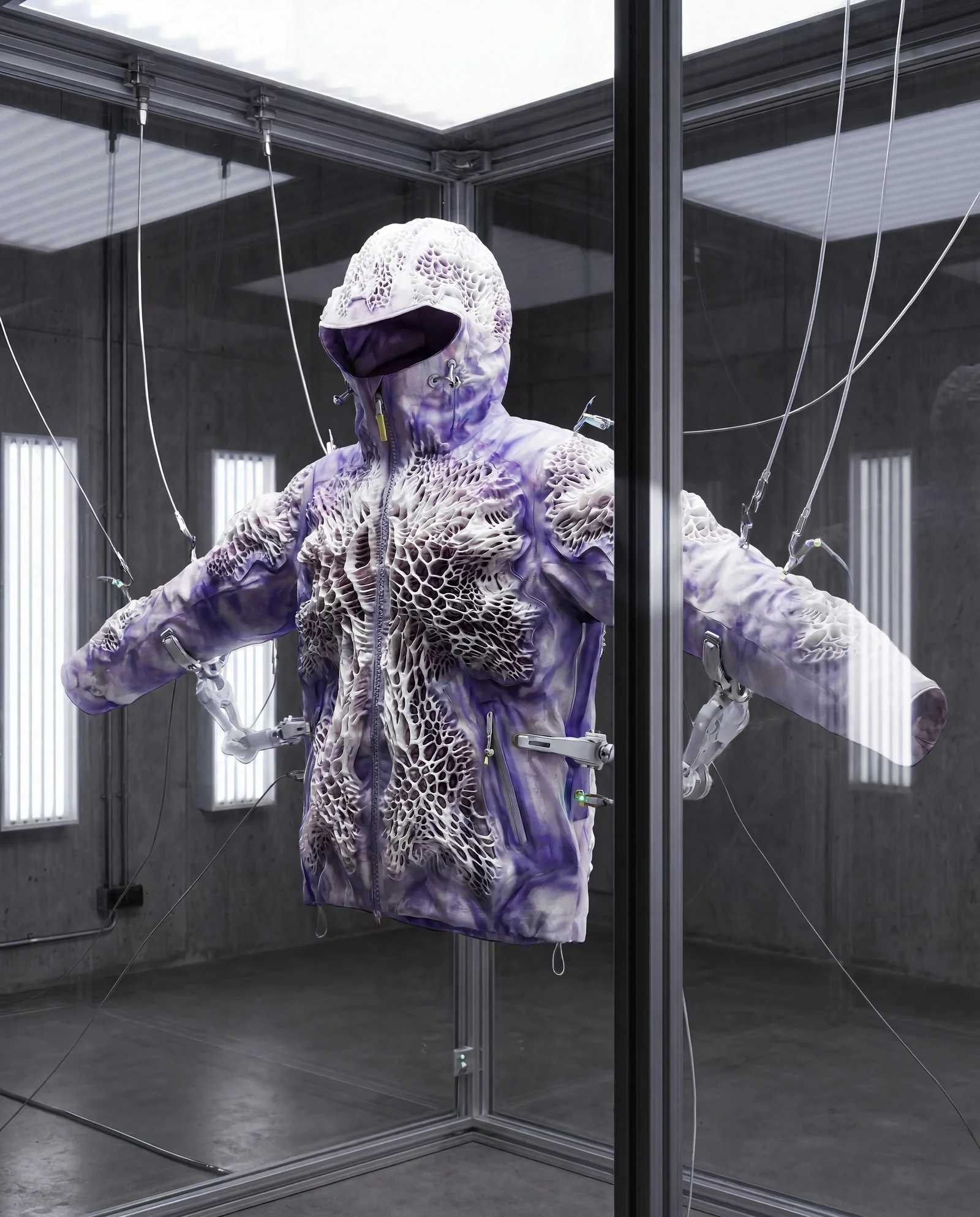 Purple bio-structured technical jacket suspended in a glass enclosure