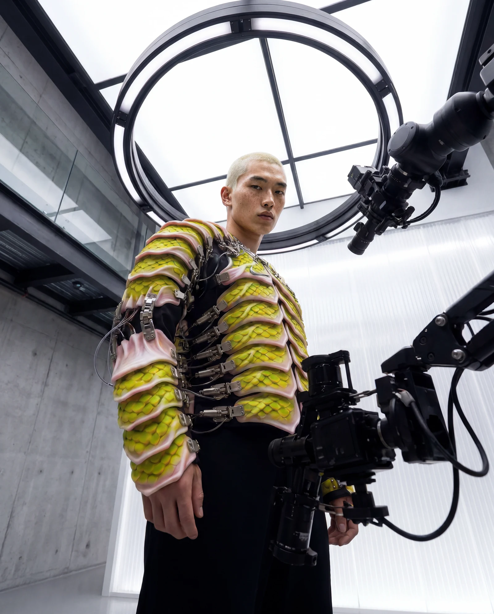 Scale armor jacket concept in a robotic studio environment