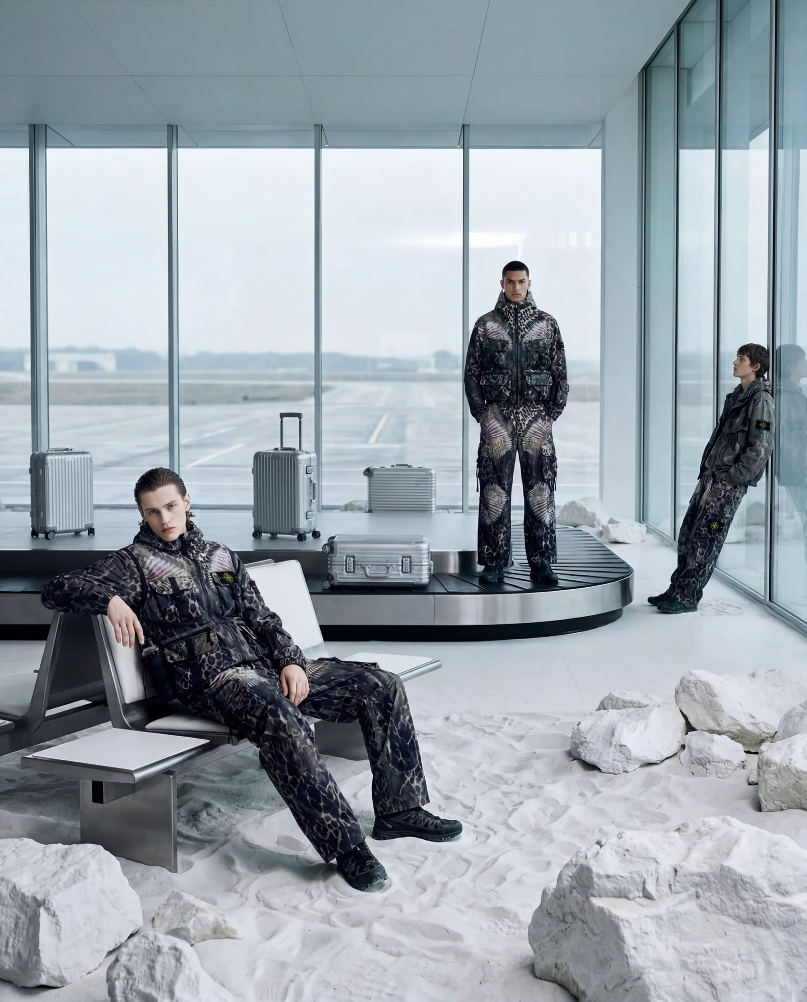 Stone Island airport campaign visual with technical travel tailoring in a sculptural transit setting