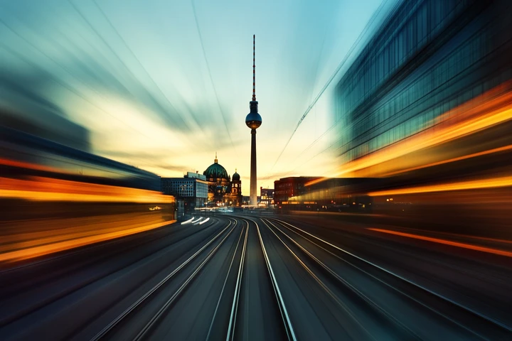 AMPC brand imagery showing Berlin's TV Tower above a teal city street with orange light trails
