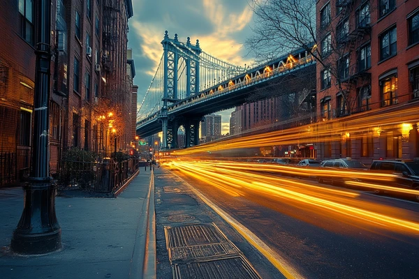 AMPC brand imagery showing New York's Manhattan Bridge above a street with orange light trails