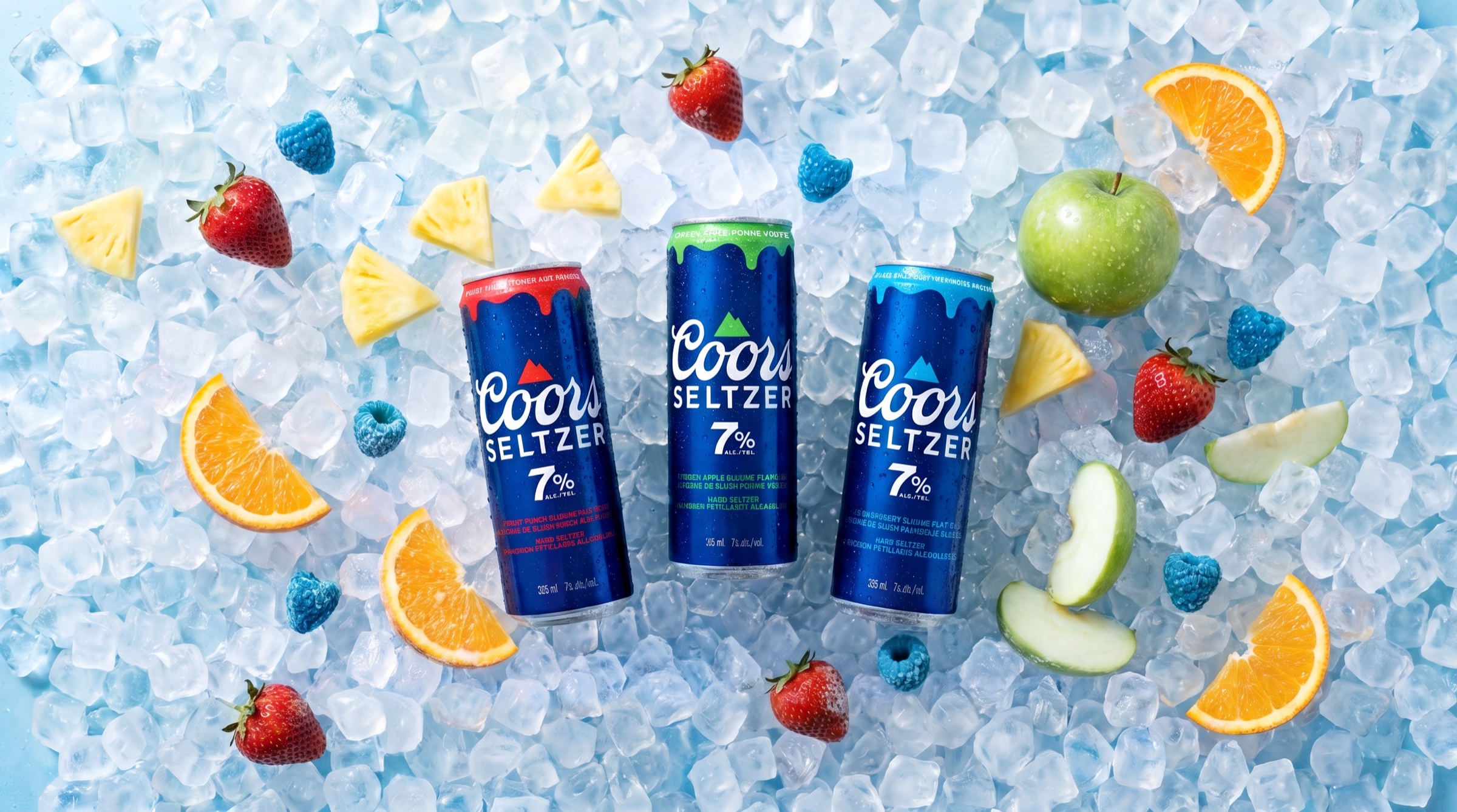 Coors Light Coors Seltzer campaign cover with cans on ice surrounded by fruit