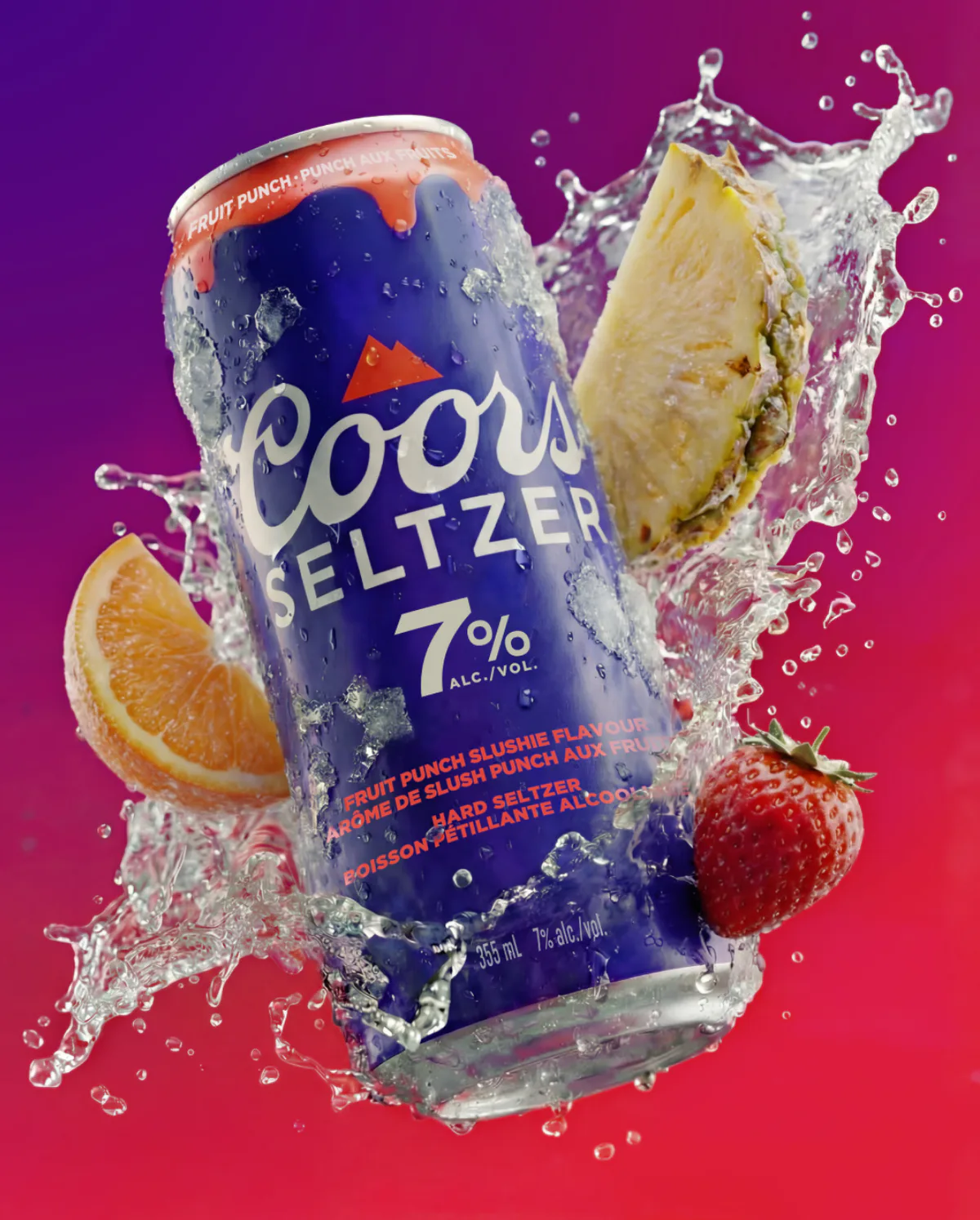 Coors Seltzer Fruit Punch can with fruit and water splash