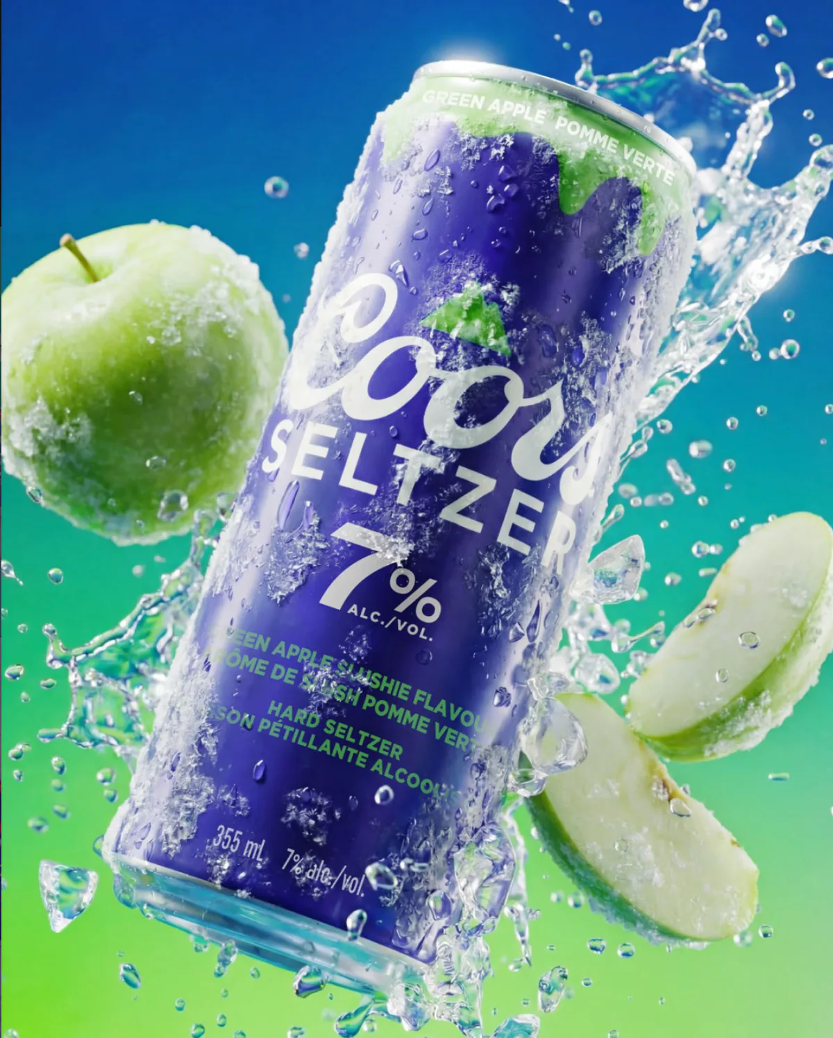 Coors Seltzer Green Apple can with frozen apple and water splash