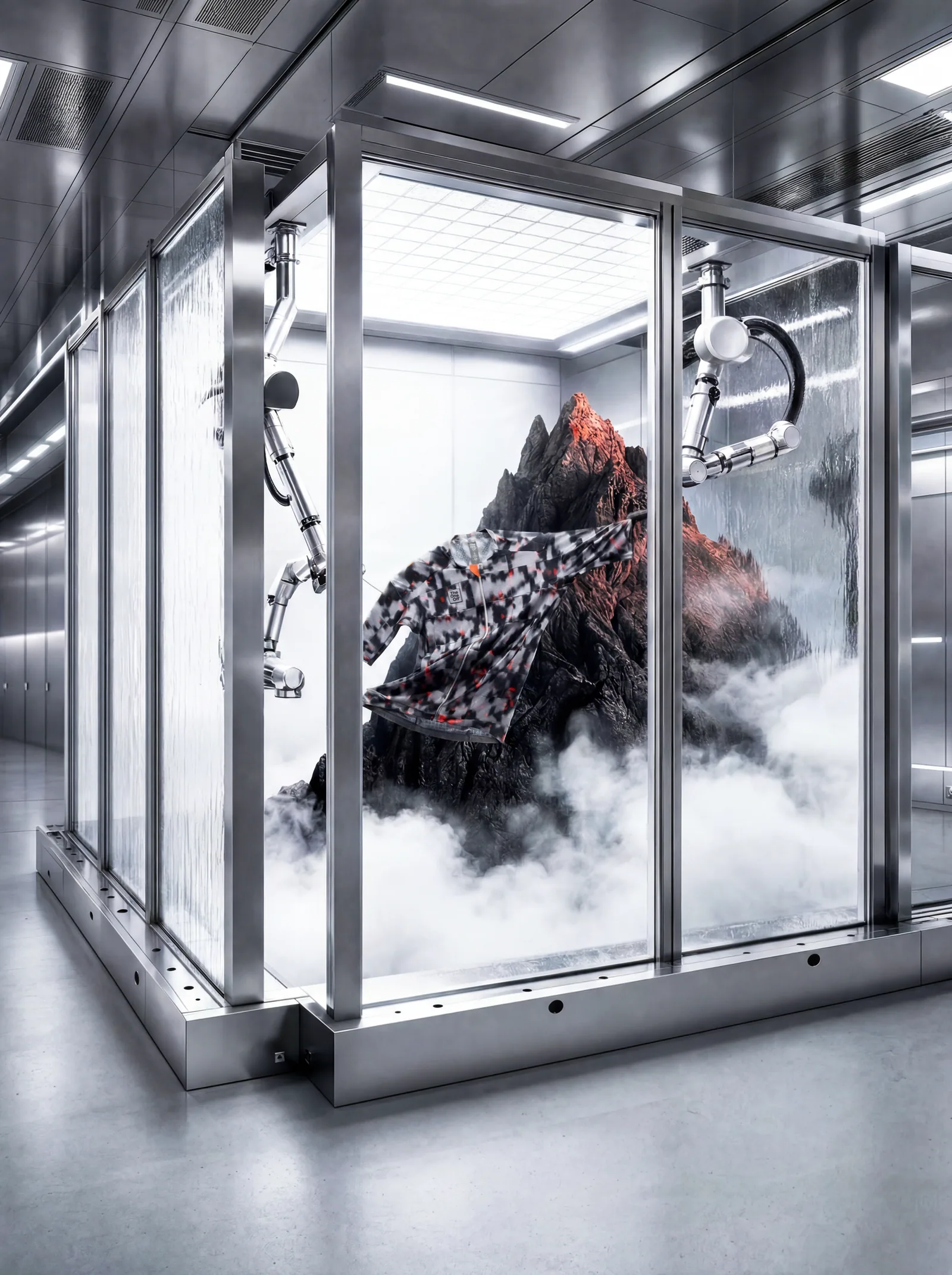 TheOneOff garment displayed inside a futuristic robotic laboratory environment