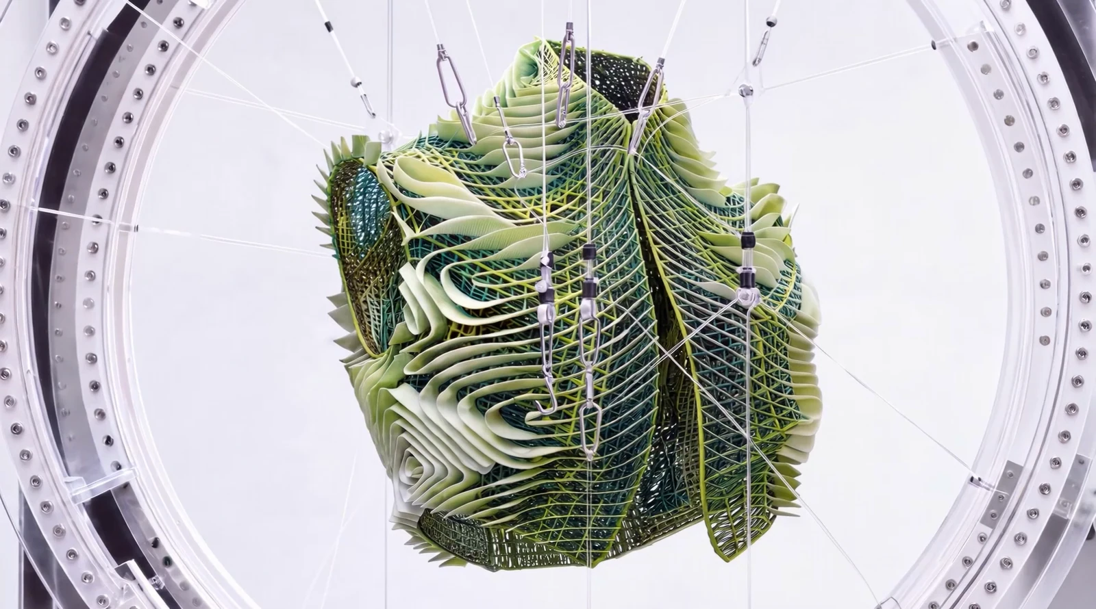 Detailed green layers and lattice of Laura Civetti's Adaptive System garment inside SSH's laboratory visual world