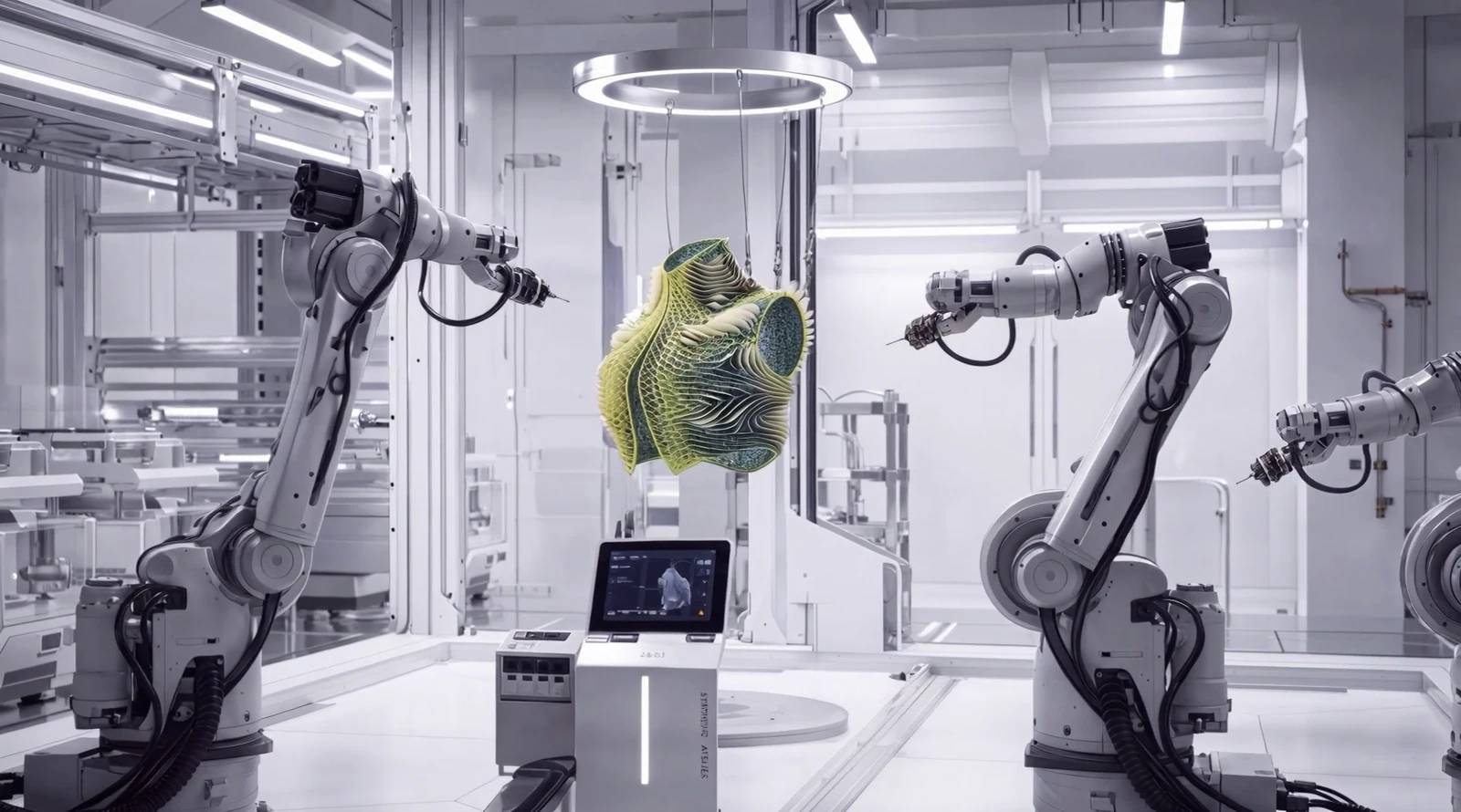Laura Civetti's Adaptive System garment imagined between robotic arms in an experimental laboratory by Studio Sophie Hospes