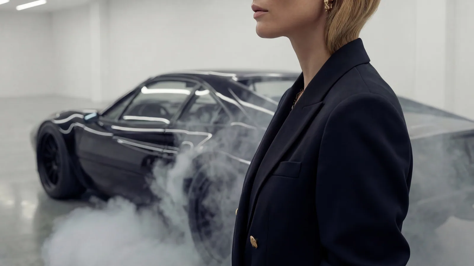 Marks and Spencer outfitted model beside a performance car in the Silverstone Circuit campaign