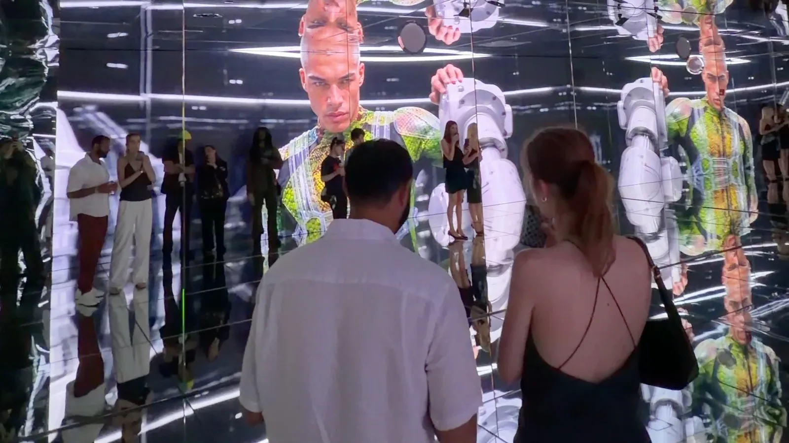 Immersive mirrored installation inside Mercer Labs Football Is Freedom exhibition