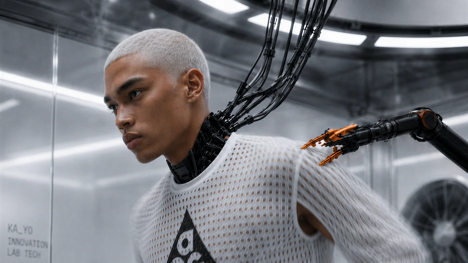 KA-YO campaign visual for the Nike ACG Radical Airflow shirt with a runner and robotic airflow testing systems