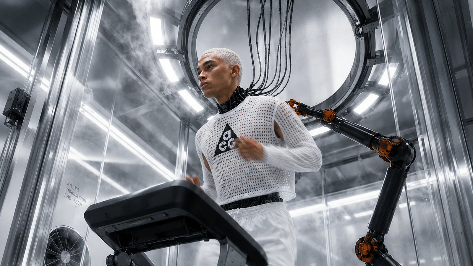 Nike ACG Radical Airflow campaign model running inside a futuristic innovation lab