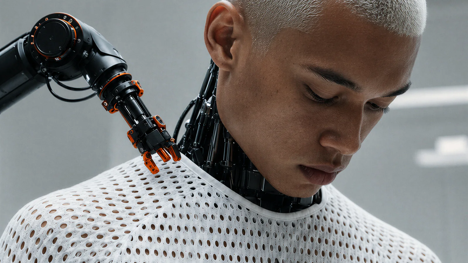 Close campaign portrait showing the perforated Nike ACG Radical Airflow shirt and robotic systems