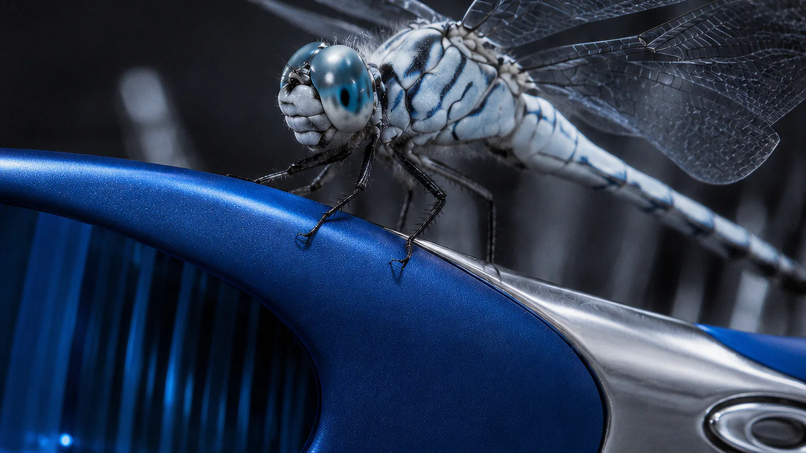 Blue dragonfly resting on Oakley MUZM Scar eyewear beside the Oakley ellipse logo
