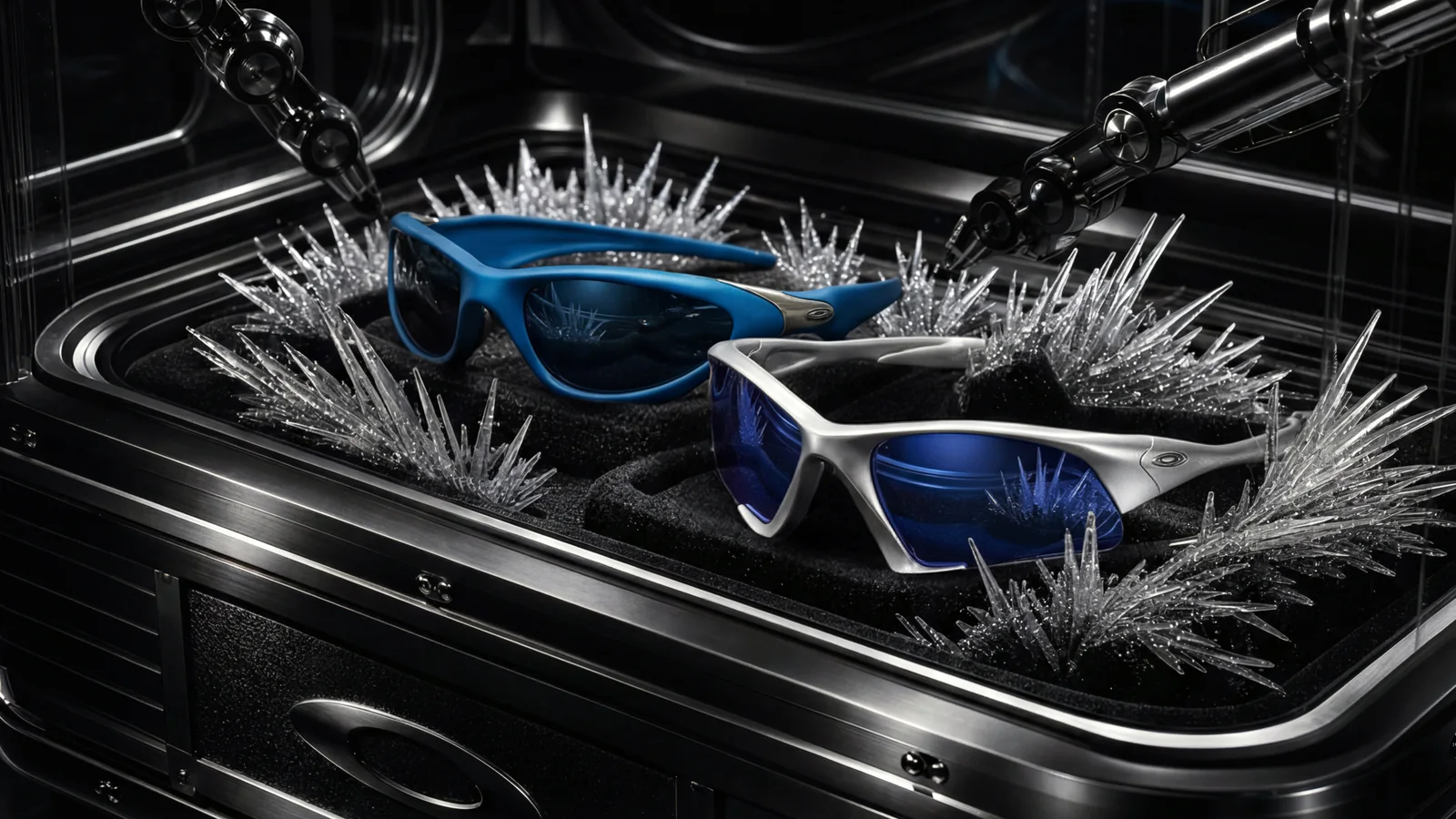 Oakley MUZM Scar and Suture eyewear displayed inside an engineered black presentation case