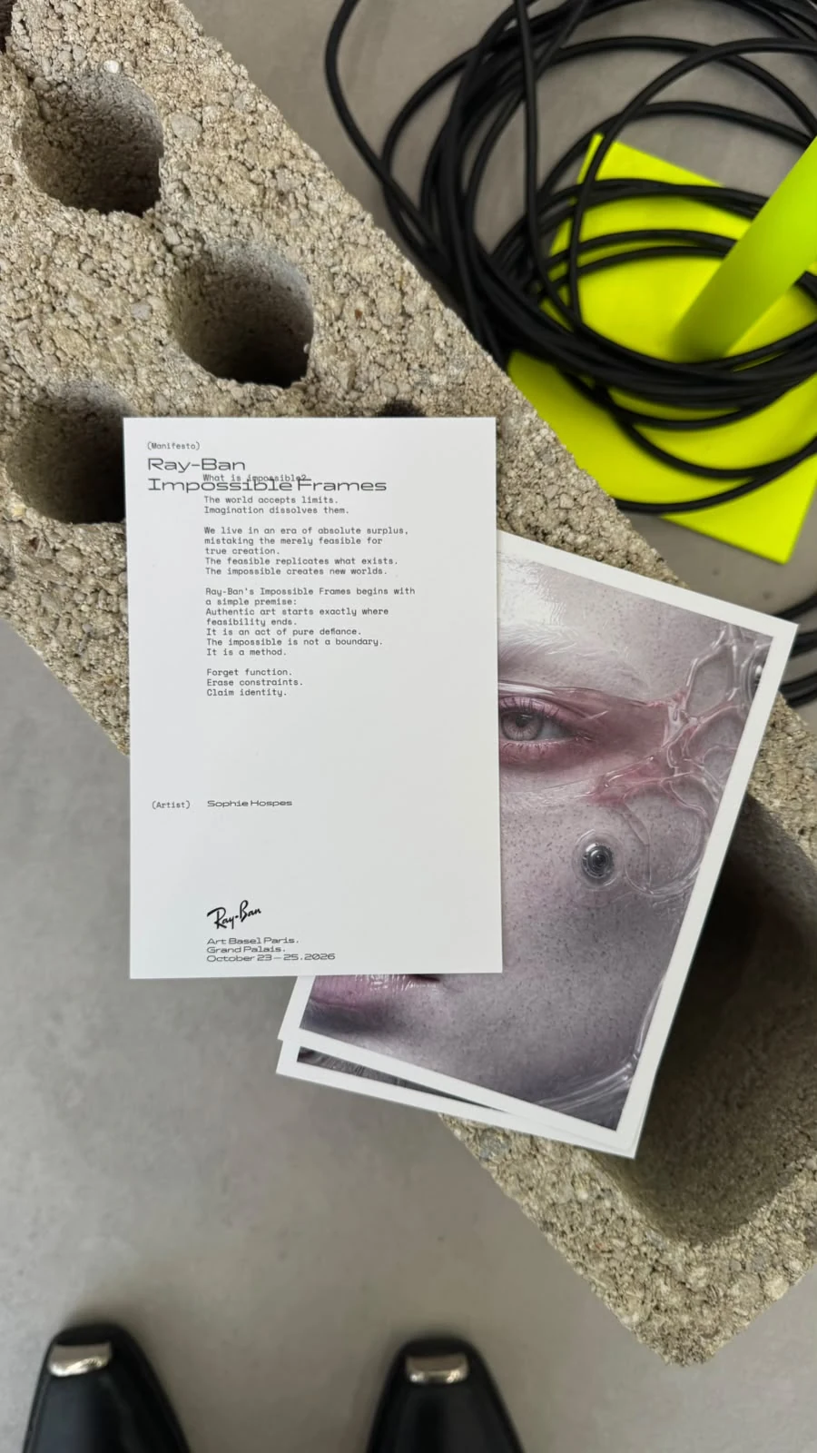 Ray-Ban Impossible Frames manifesto crediting Sophie Hospes, placed over printed artwork on a concrete block beside coiled cables and a fluorescent yellow exhibition structure