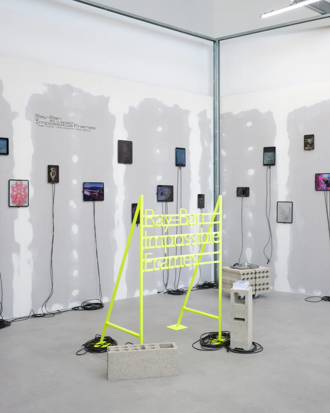 Ray-Ban's Impossible Frames exhibition at the Grand Palais, with screen-based artworks, exposed cables and a fluorescent yellow barrier