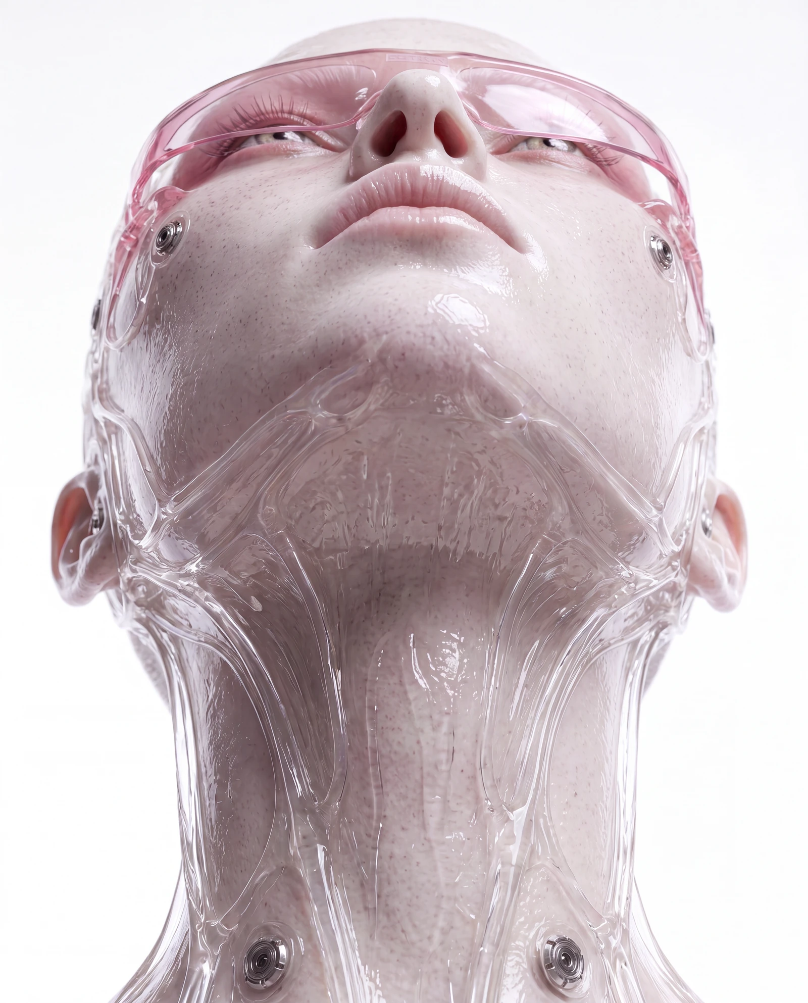 Low-angle Impossible Frames portrait with pink eyewear and transparent material extending along the face and neck, by Studio Sophie Hospes for Ray-Ban at Art Basel Paris