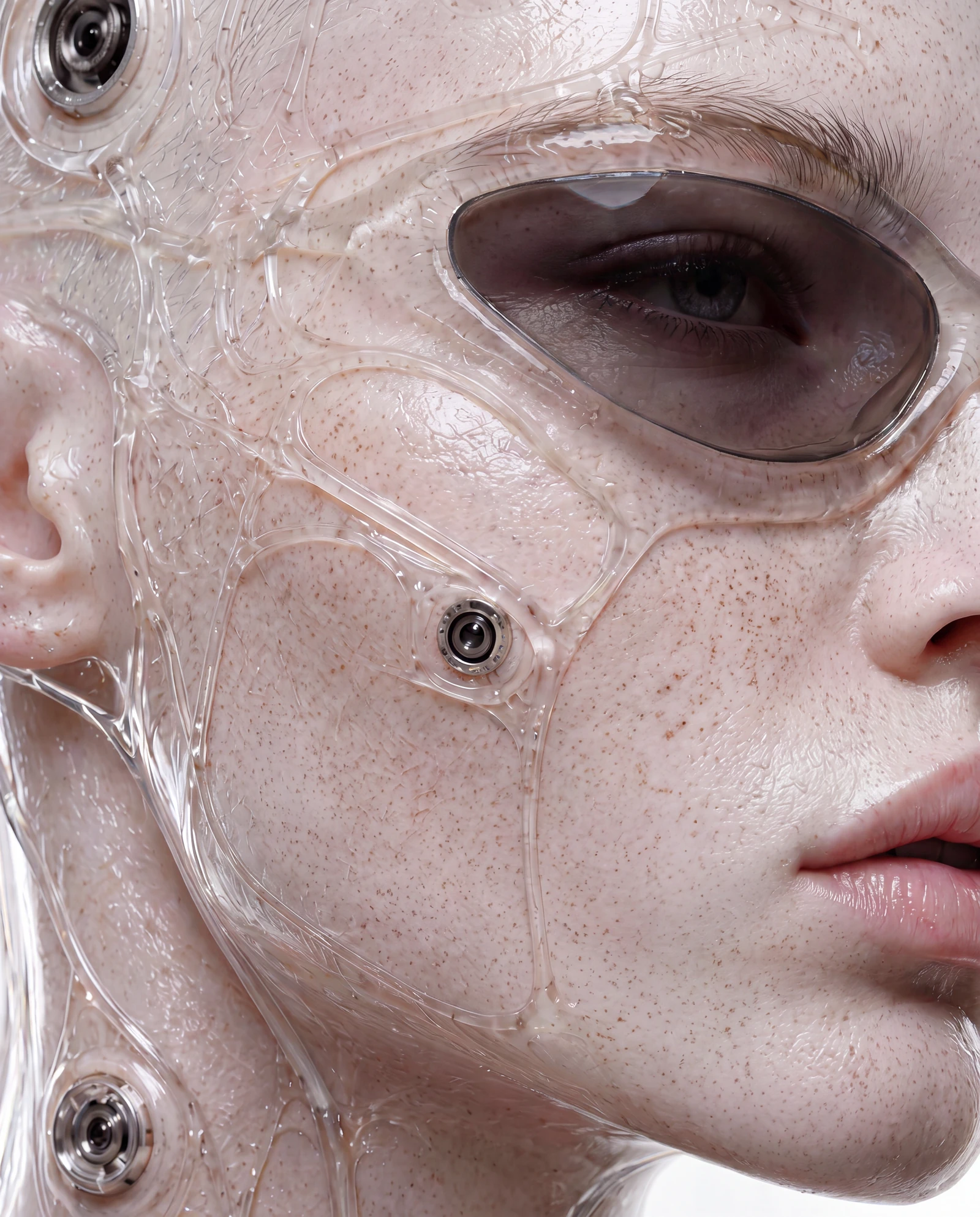 Impossible Frames material study showing the lens, skin texture and clear structure merging around the wearer's eye