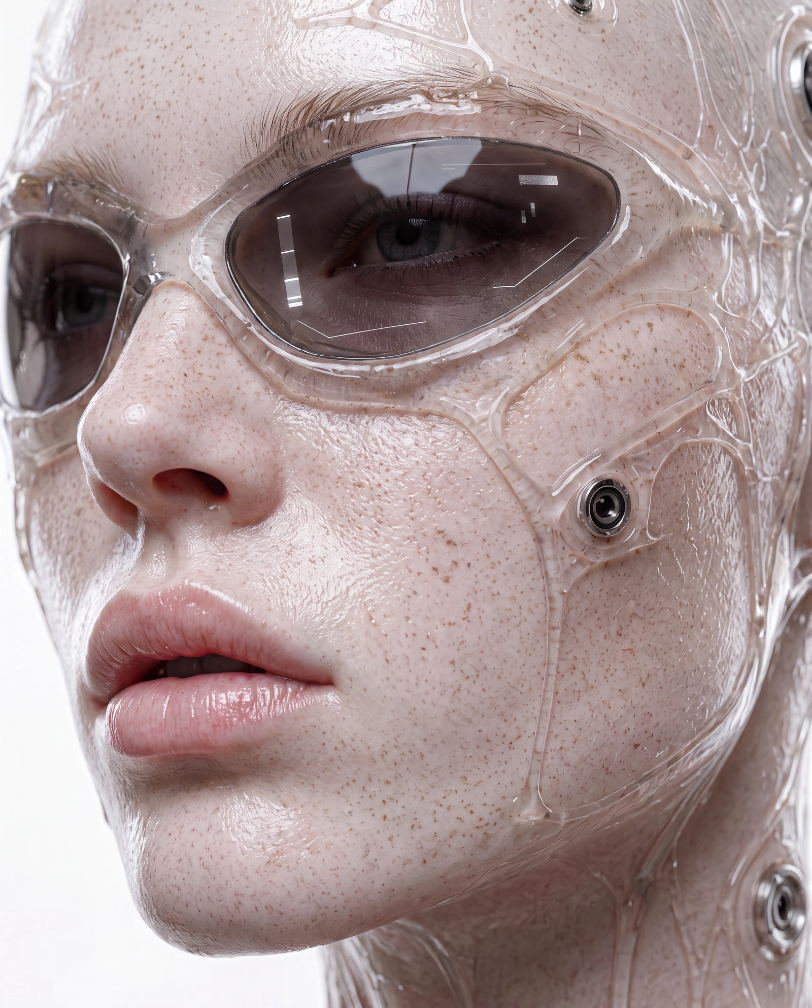Close detail of a dark lens and embedded optical element within the transparent Impossible Frames material