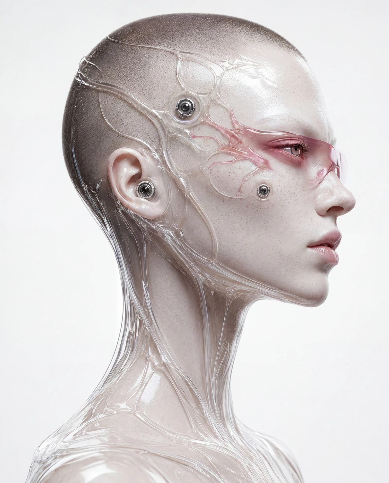 Side profile of the Impossible Frames wearer, with transparent eyewear adapting to the head and integrated optics following the anatomy