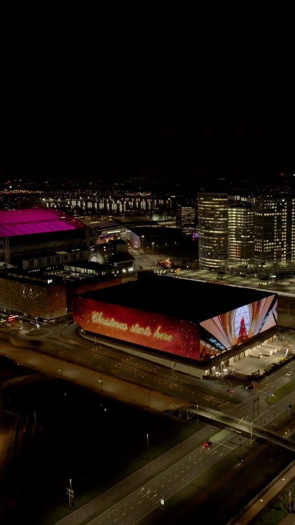 Aerial night view of the Westfield Christmas campaign across the Ziggo Dome screens in Amsterdam
